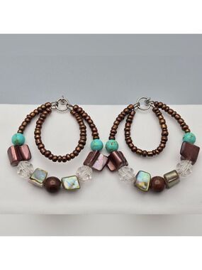 Boho Beaded Double Hoop Dangle Earrings Handcrafted Turquoise & Brown Artisan